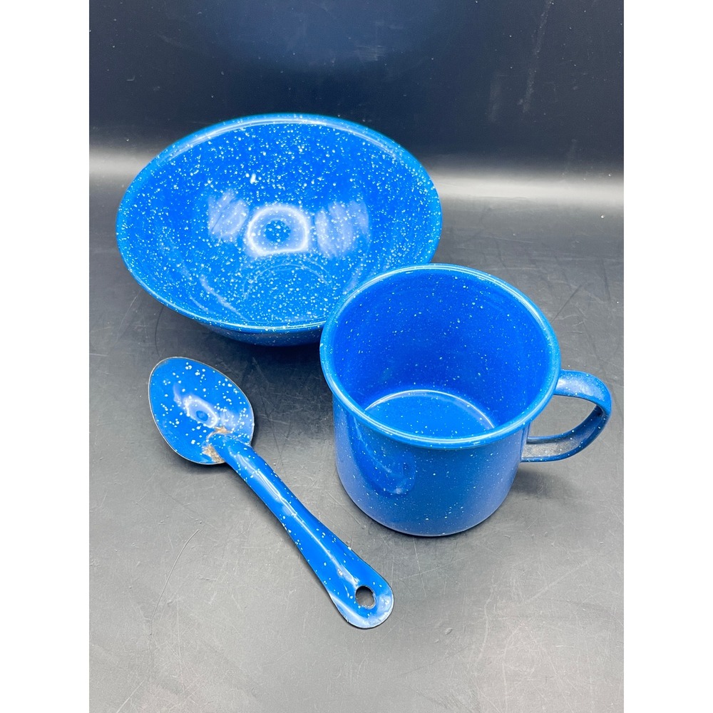 VTG Blue Granite Cup And Bowl Set Primitive, Farmhouse, Rustic, Camping